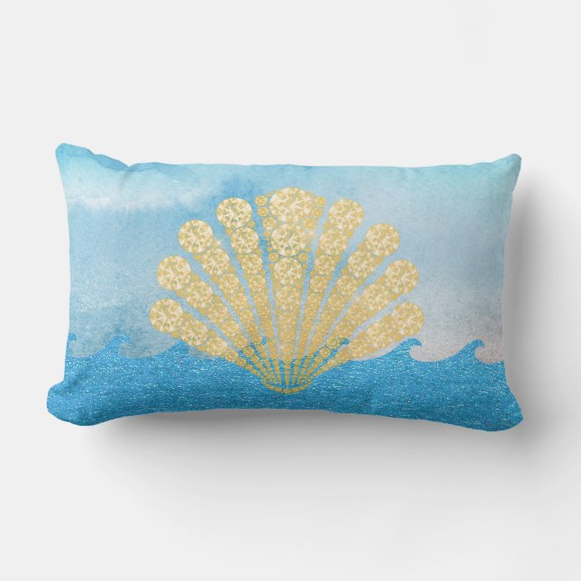 Sea Blue Sparkling Waves Gold Diamond Seashell Lendenkissen (Vorderseite)