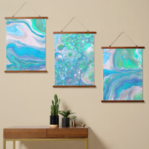 Sea Blue und Green Bubbles und Ocean Art Wandteppich Mit Holzrahmen