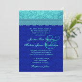 Sea Blue und Royal Blue Damask Wedding G500G Einladung (Stehend Vorderseite)