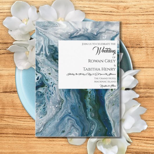 Sea Blues Alcohol Ink Paint Elegant Wedding Einladung