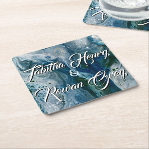 Sea Blues Alcohol-Tinte-Malerei Elegante Hochzeit  Rechteckiger Pappuntersetzer