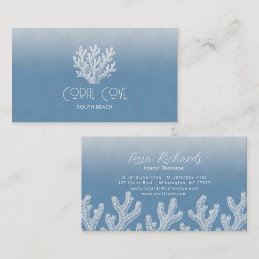 Sea Coral Silhouette | Ocean Blue Visitenkarte (Vorne/Hinten)