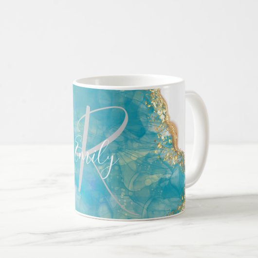 Sea Foam Agate Marble Abstrakt Name Monogram Kaffeetasse (VorderseiteRechts)
