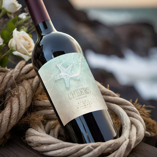 Sea Foam Beach Wedding Cheers ID837 Weinetikett