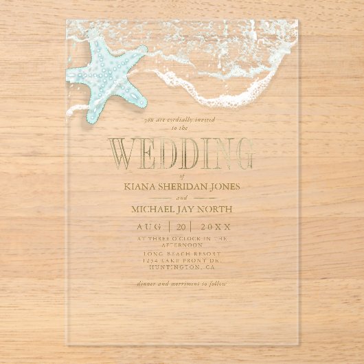 Sea Foam Beach Wedding ID837 Acryleinladungen (Vorderseite)