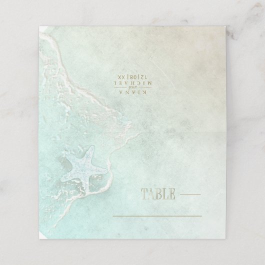 Sea Foam Beach Wedding Starfish ID837 Platzkarte (Außenseite Aufgefaltet)