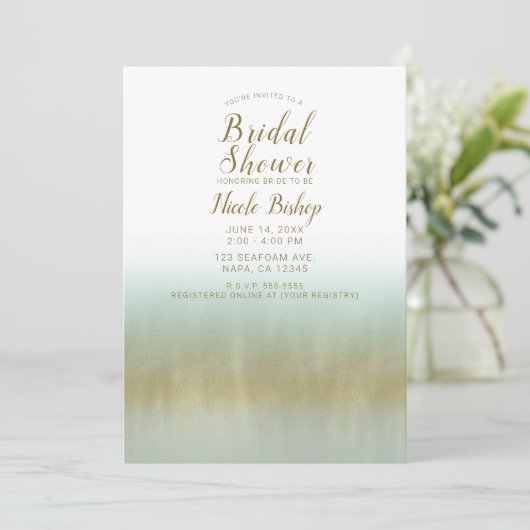 Sea Foam Gold Weißes elegantes Brautparty Einladung (Stehend Vorderseite)