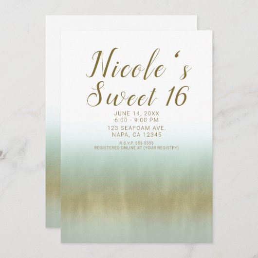 Sea Foam Gold White Elegant Beach Sweet 16 Einladung (Vorne/Hinten)