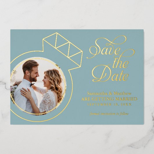 Sea Glass Blue Foto Hochzeit retten das Datum Folieneinladung (Vorderseite)