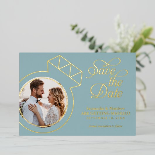 Sea Glass Blue Foto Hochzeit retten das Datum Folieneinladung (Stehend vorne)