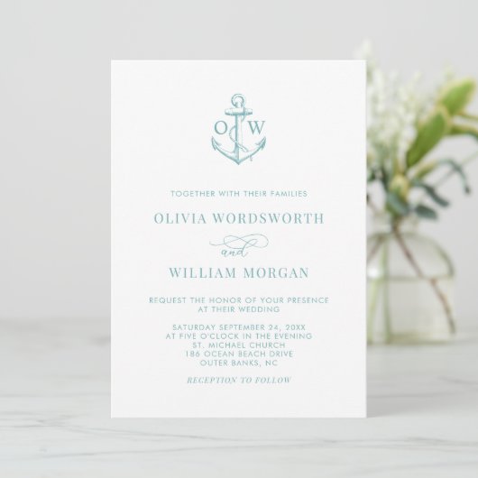 Sea Glass Blue Nautical Anchor Monogram Wedding Einladung (Stehend Vorderseite)