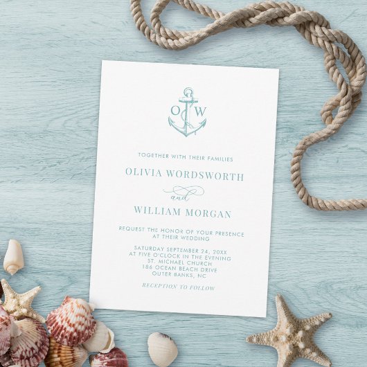 Sea Glass Blue Nautical Anchor Monogram Wedding Einladung