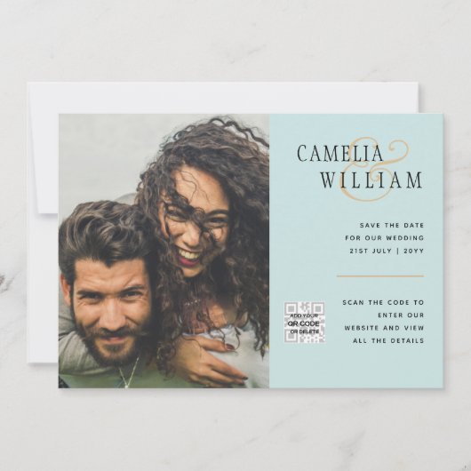 Sea Glass Foto Wedding Invite QR Code Rett Datum Einladung (Vorderseite)