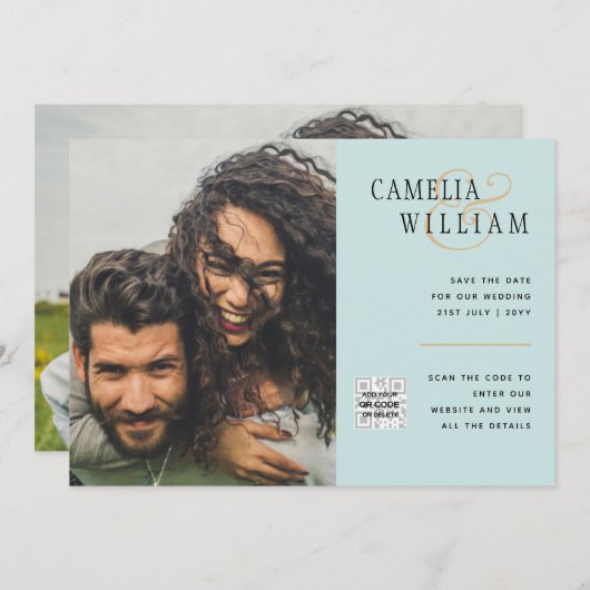 Sea Glass Foto Wedding Invite QR Code Rett Datum Einladung (Vorne/Hinten)