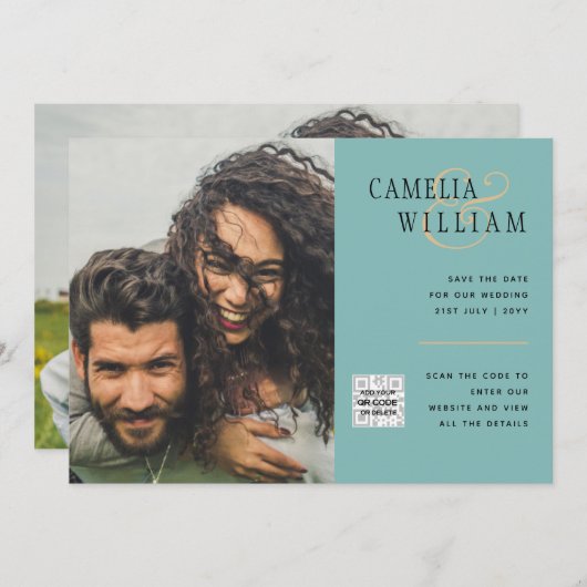 Sea Glass Foto Wedding Invite QR Code Rett Datum Einladung (Vorne/Hinten)