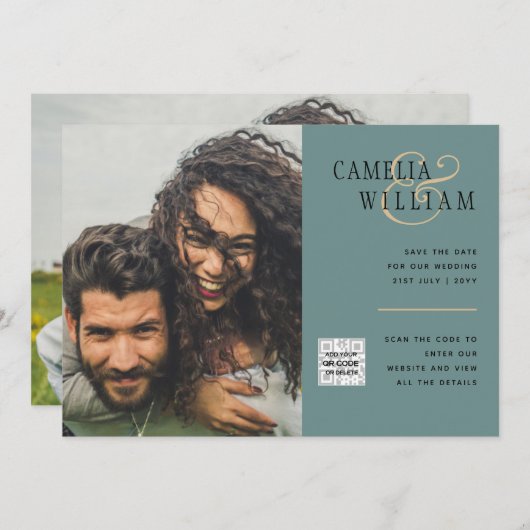 Sea Glass Foto Wedding Invite QR Code Rett Datum Einladung (Vorne/Hinten)