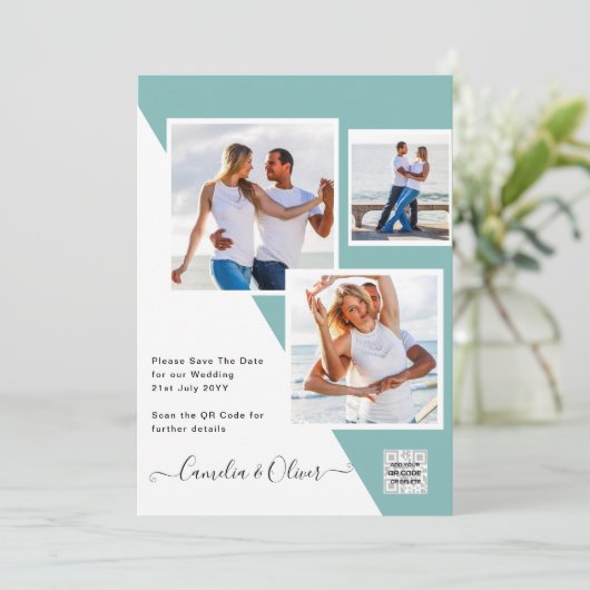 Sea Glass Foto Wedding Invite QR Code Rett Datum Einladung (Stehend Vorderseite)