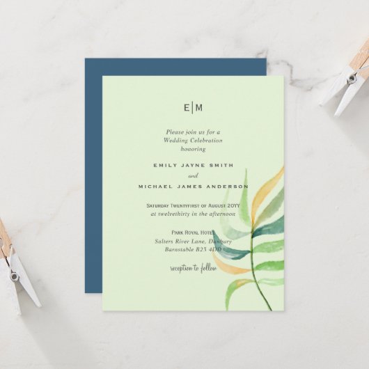 Sea Glass Green Blue Tropical Leaf Hochzeit (Vorderseite/Rückseite Beispiel)