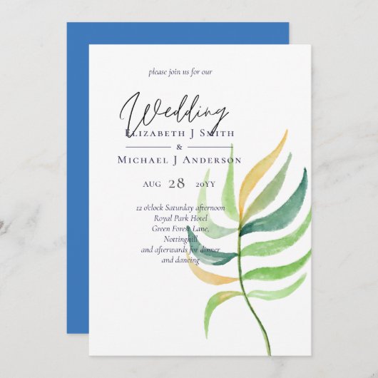 Sea Glass Green Blue Tropical Leaf Hochzeit (Vorne/Hinten)