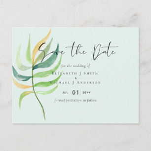 Sea Glass Green Blue Tropical Leaf Hochzeit Postkarte