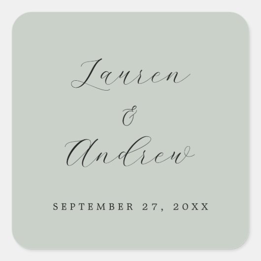Sea Glass Green Elegante Moderne Einfache Hochzeit Quadratischer Aufkleber (Vorderseite)