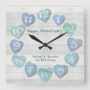 Sea Glass Hearts Beach Anniversary Driftwood Ocean Quadratische Wanduhr