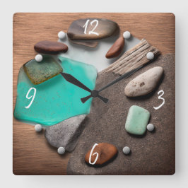 Sea Glass Ocean Stones Driftwood Square Wall Cloud Quadratische Wanduhr