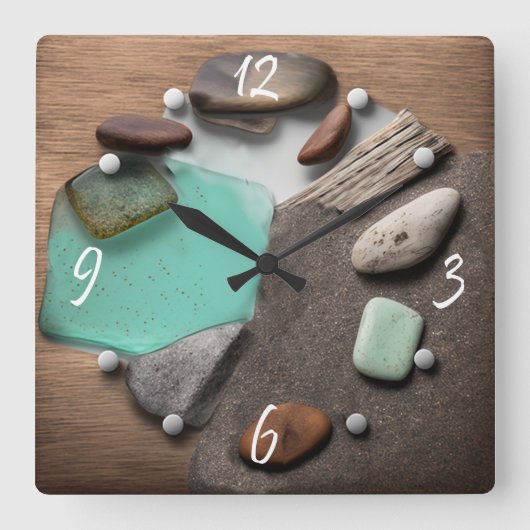 Sea Glass Ocean Stones Driftwood Square Wall Cloud Quadratische Wanduhr (Vorderseite)