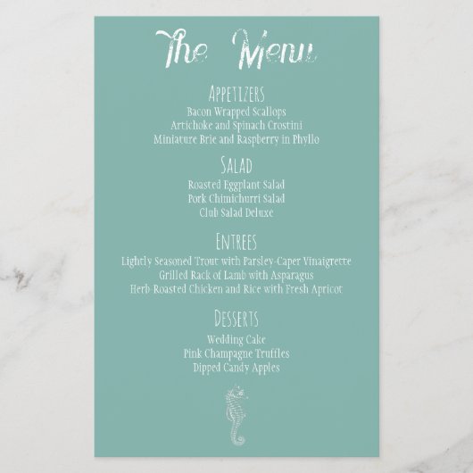 Sea Glass Seepferd Beach Hochzeitmenü Flyer (Vorne)