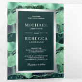 Sea Green Glitzer Agate Marble QR Code Hochzeit Dreifach Gefaltete Einladung (Innen Erste Seite)