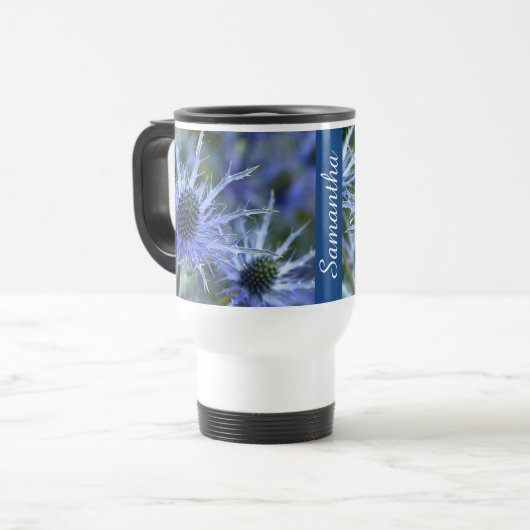 Sea Holly Thistle Personalised Reisebecher (Vorderseite Links)
