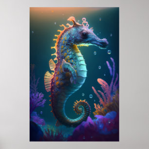 Sea Horse Animal Portrait Malerei Wildlife Ocean Poster