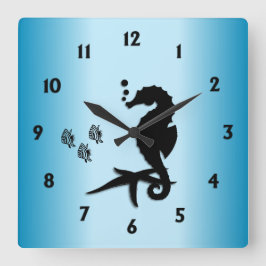 Sea Horse Blue Quadratische Wanduhr