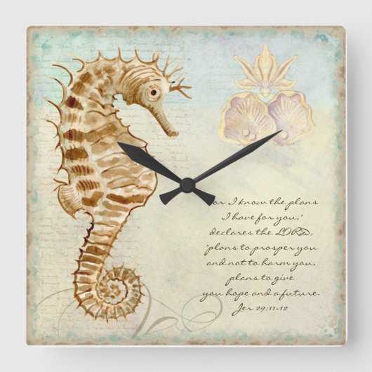 Sea Horse Coastal Beach - Christian Scripture Quadratische Wanduhr (Vorderseite)