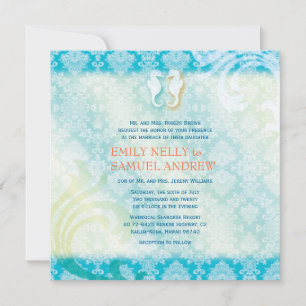 Sea Horse Couple Jeweled Damask Beach Hochzeit Einladung