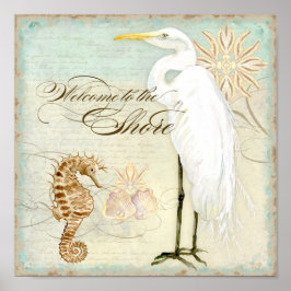 Sea Horse, Great Egret Coastal Beach - Fine Art Poster