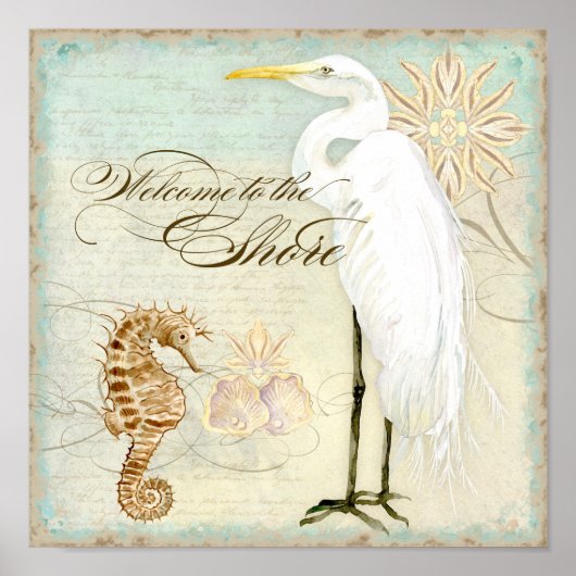 Sea Horse, Great Egret Coastal Beach - Fine Art Poster (Vorne)