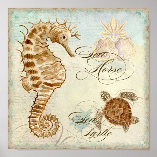 Sea Horse, Sea Turtle Coastal Beach - Fine Art Poster (Vorne)