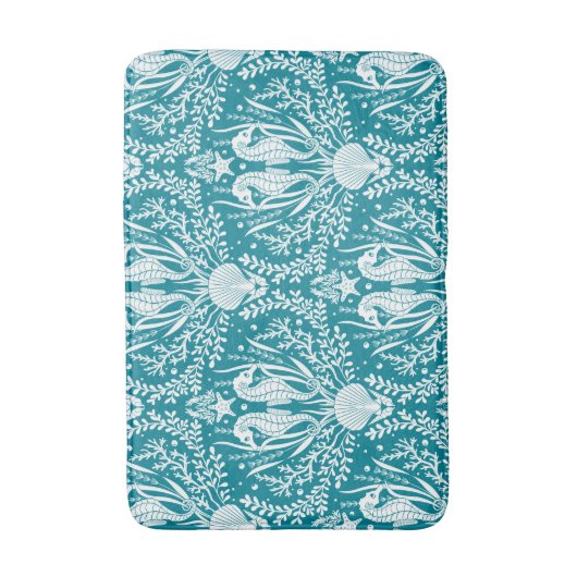 Sea Horses Aquamarin Blue White Damask Ocean Patte Badematte (Vorderseite Vertikal)