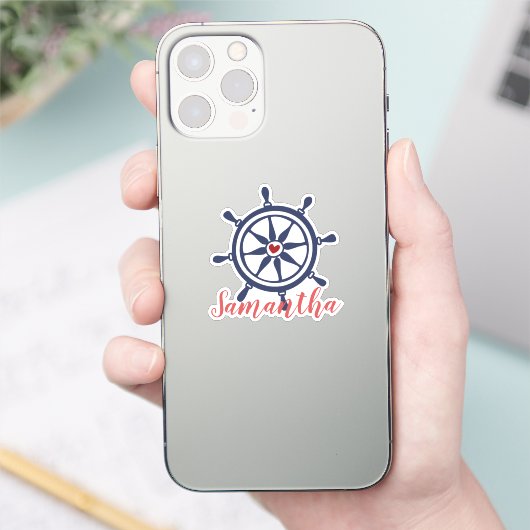 Sea Life Boat Wheel Navy Blue Red Name Aufkleber (Telefon)