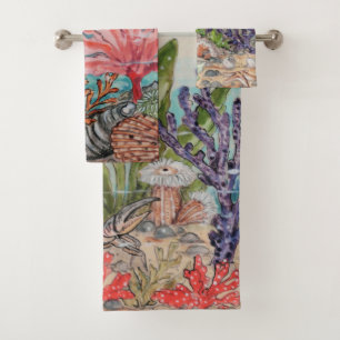 Sea Life Crab Octopus Muscheln Corean Beach  Badhandtuch Set