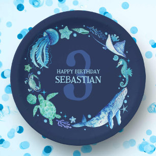 Sea Life Party Ocean Animes Navy Blue Watercolor Pappteller