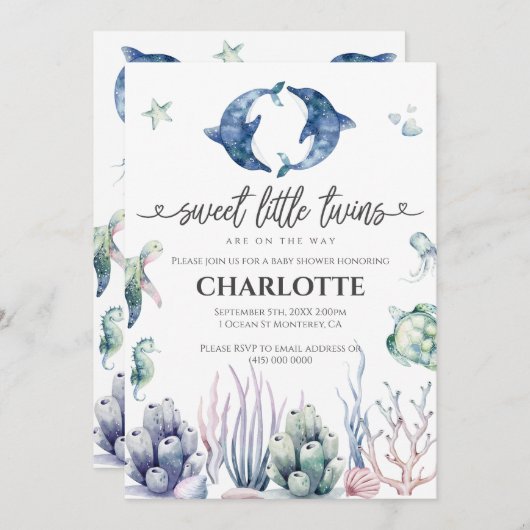 Sea Life Twins Kinderdusche Einladung (Vorne/Hinten)