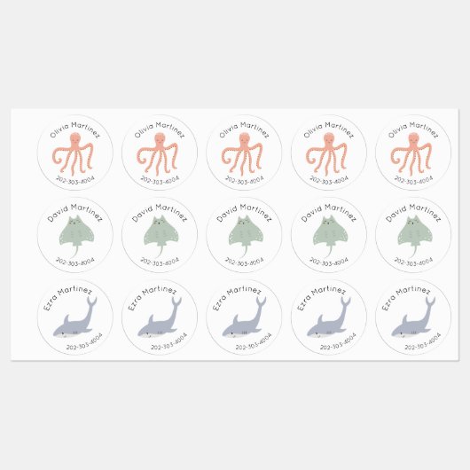 Sea Life Waterproof Circle Sticker Name Labels (Blatt)