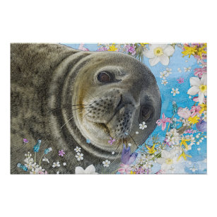 Sea Lion Schwimmen in Blume Poster