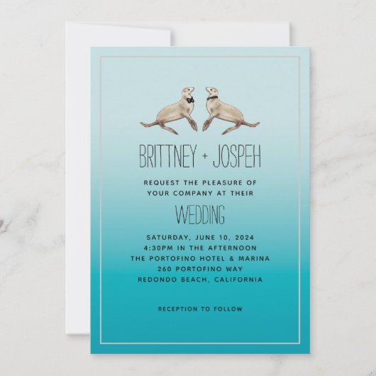 Sea Lions Blue Modern Wedding Einladung (Vorderseite)