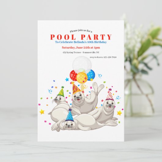 Sea Lions Pool Party Einladung (Stehend Vorderseite)