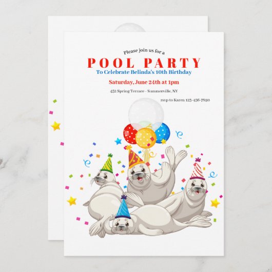 Sea Lions Pool Party Einladung (Vorne/Hinten)