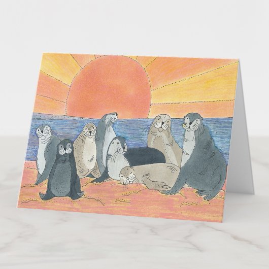 Sea Lions Sunrise Zeichnend Leere Dankeskarte