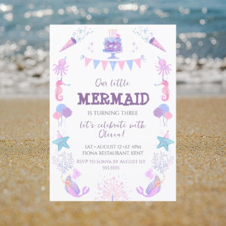 Sea Mermaid Lila Pink Girls Geburtstagsparty Einladung